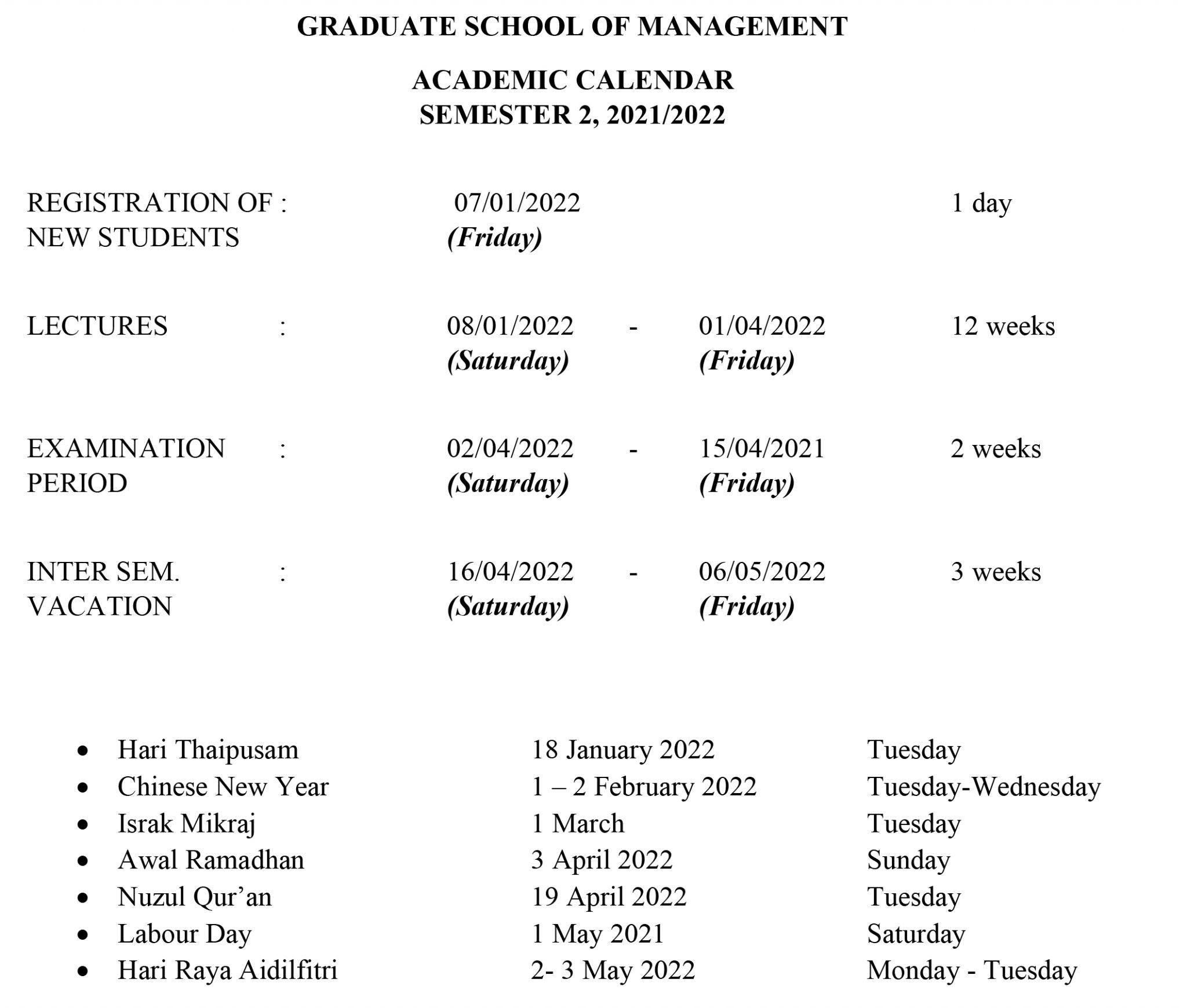 Academic Calendar IIUM Graduate School of Management