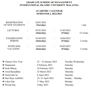 Academic Calendar – IIUM Graduate School of Management