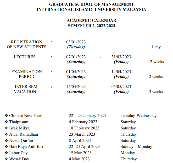 Academic Calendar IIUM Graduate School of Management