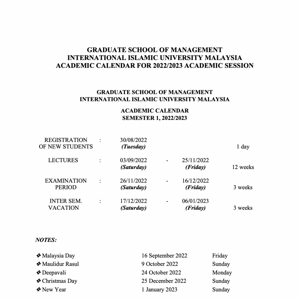 Academic Calendar – IIUM Graduate School of Management