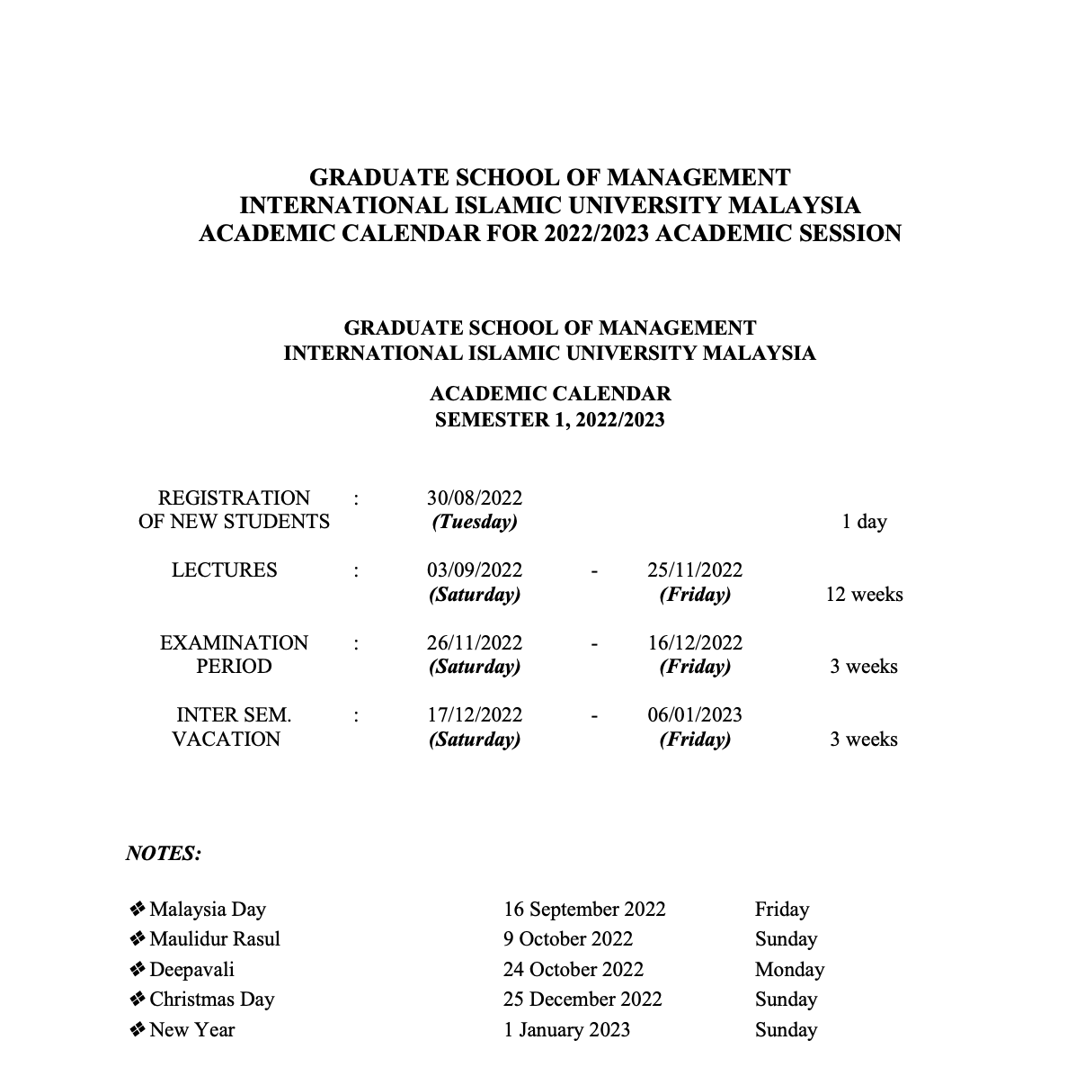 Academic Calendar IIUM Graduate School Of Management