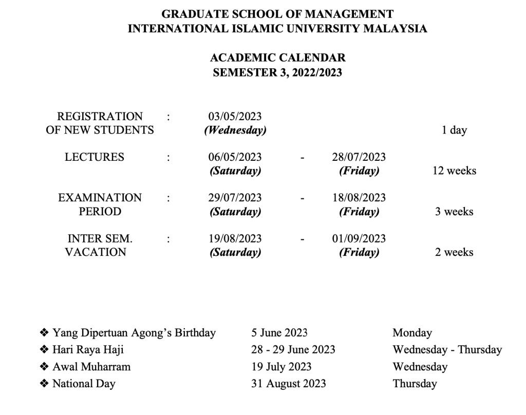 Academic Calendar IIUM Graduate School of Management